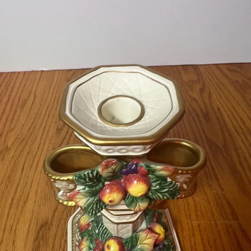 Vintage Fitz & Floyd Classics Christmas Taper Candle Holder Holly Fruit Gold 10